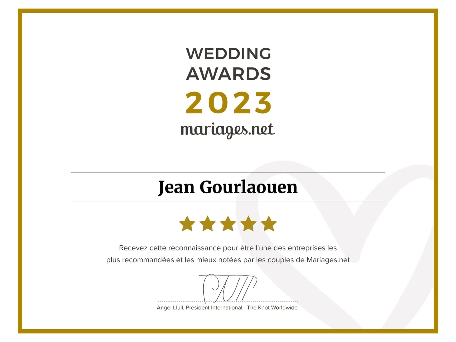 Certificat Wedding Awards 2023 décerné à Jean Gourlaouen